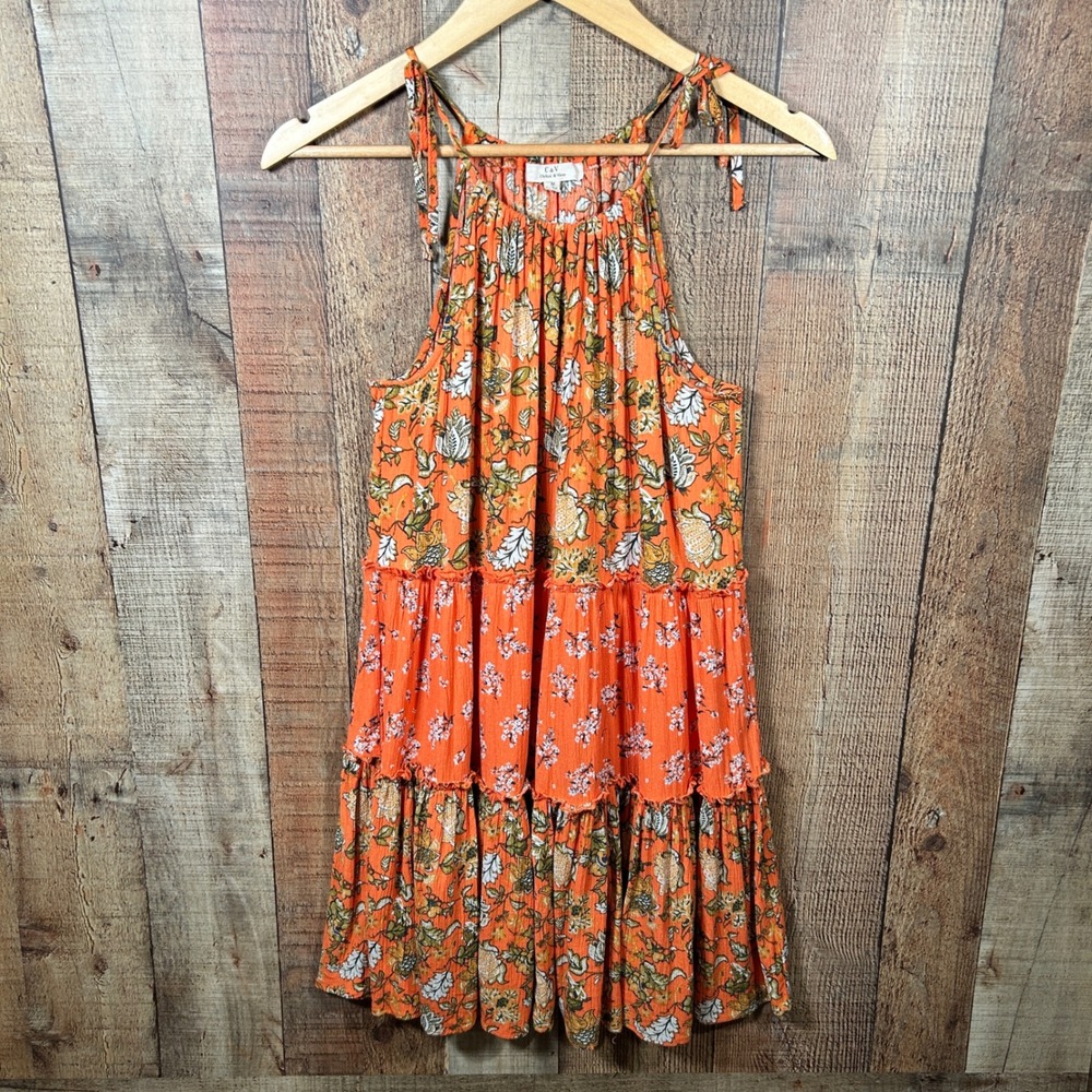 Chelsea & Violet Orange Floral Tiered Mini Dress Medium Boho Chic Cottagecore